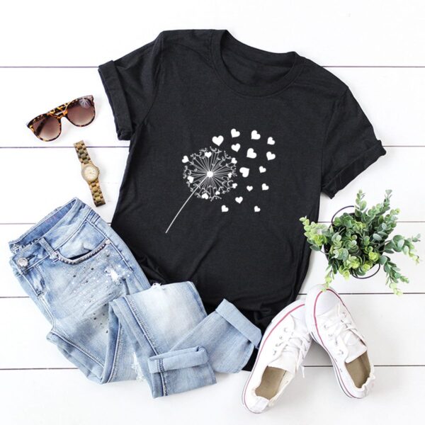 black t-shirt printed with a dandelion and hearts