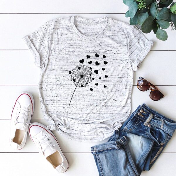 heather white t-shirt printed with a dandelion and hearts