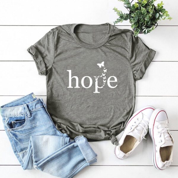 Grey short sleeved t-shirt with the graphic printed hope and butterflies