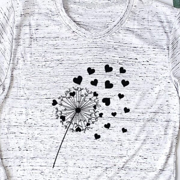 heather white t-shirt printed with a dandelion and hearts