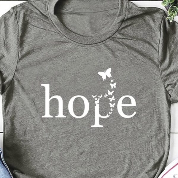 Grey short sleeved t-shirt with the graphic printed hope and butterflies