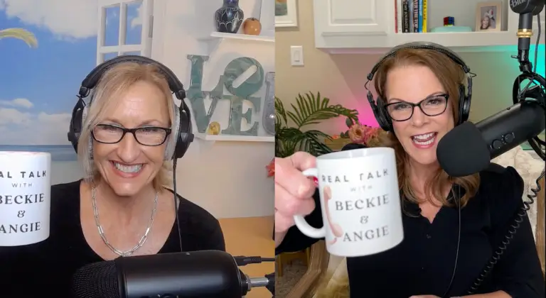 Angie and Beckie celebrate launch of podcast with a toast using their custom coffee cups