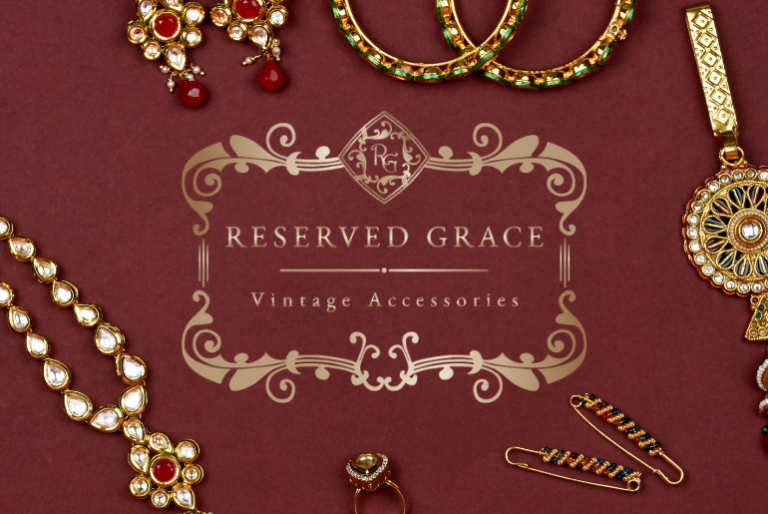 bracelet earrings ring on a dark red background with the words reserved grace vintage accessories